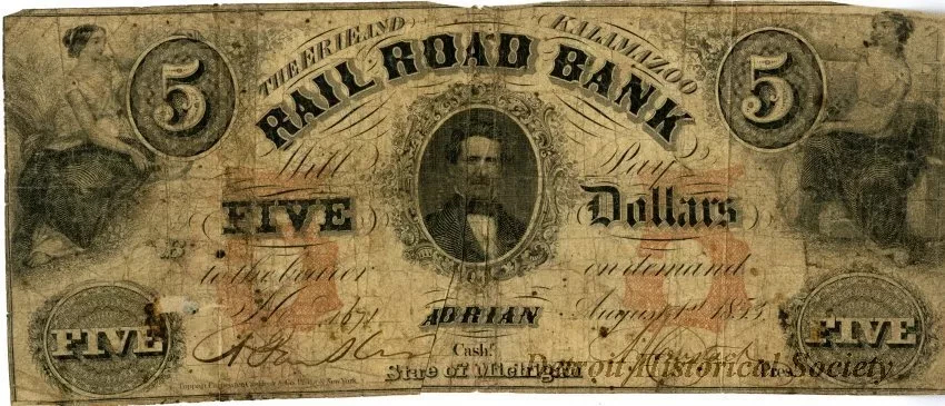 A five dollar note issued by the bank of the Erie and Kalamazoo Railroad dated 1853