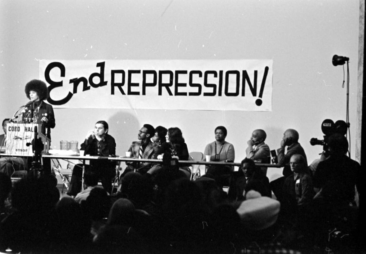 Clyde Bellecourt and Angela Davis speak at Cobo Hall rally in Detroit