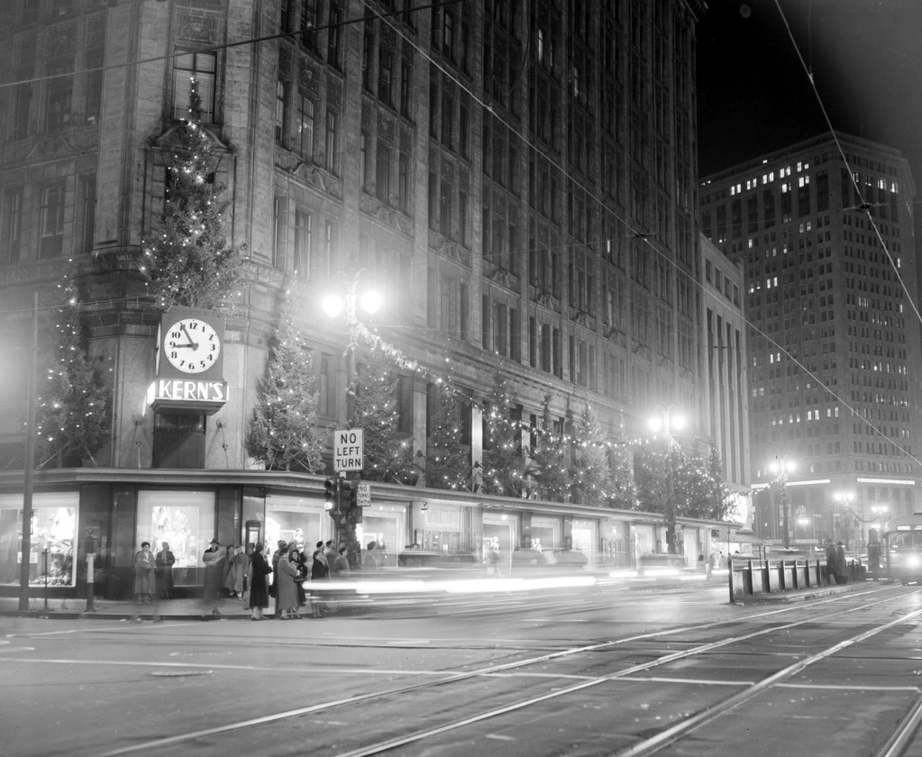 Buildings lit for Christmas in downtown Detroit, 1954