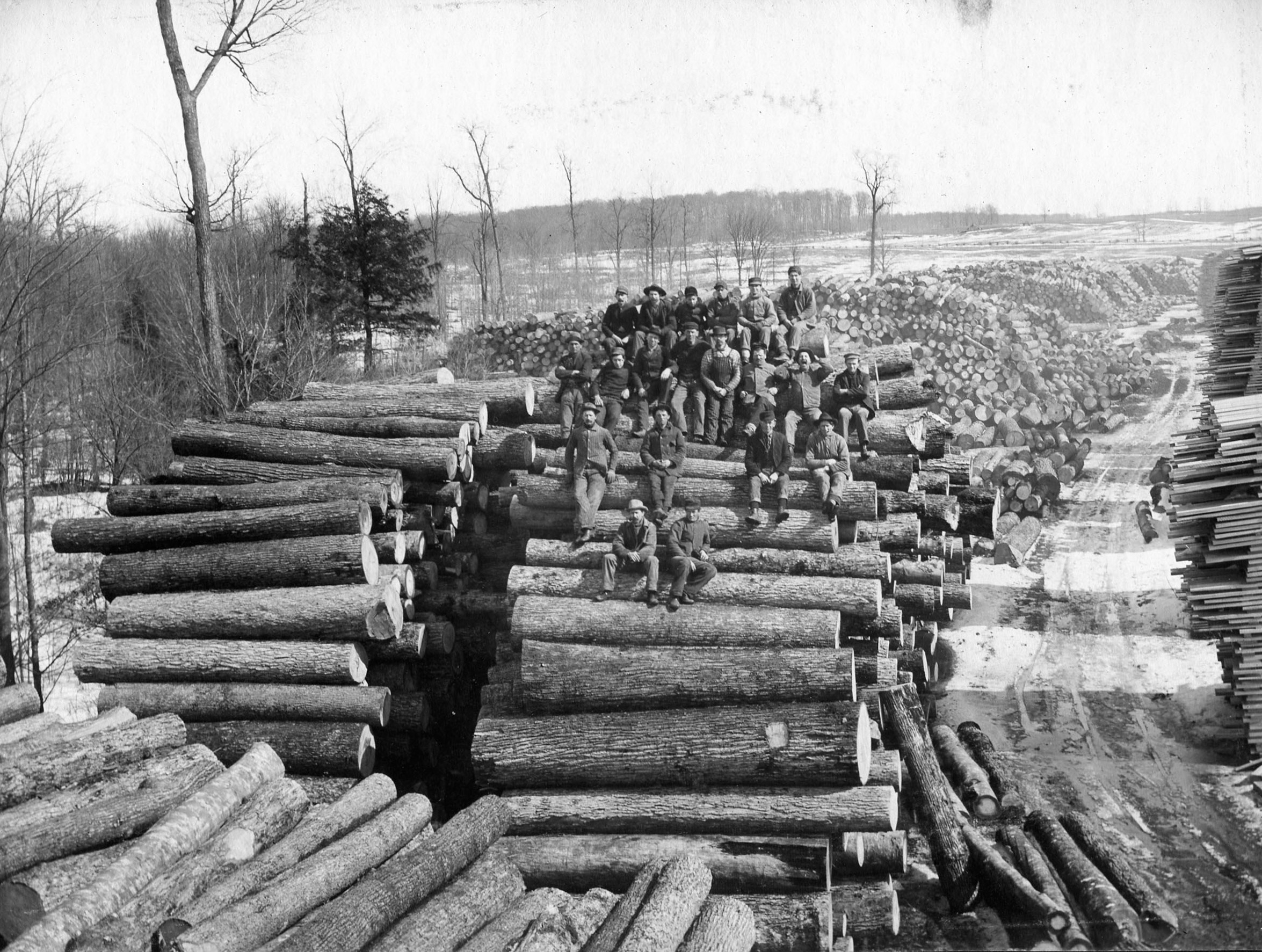 Several men sitting on a long line of stacked logs