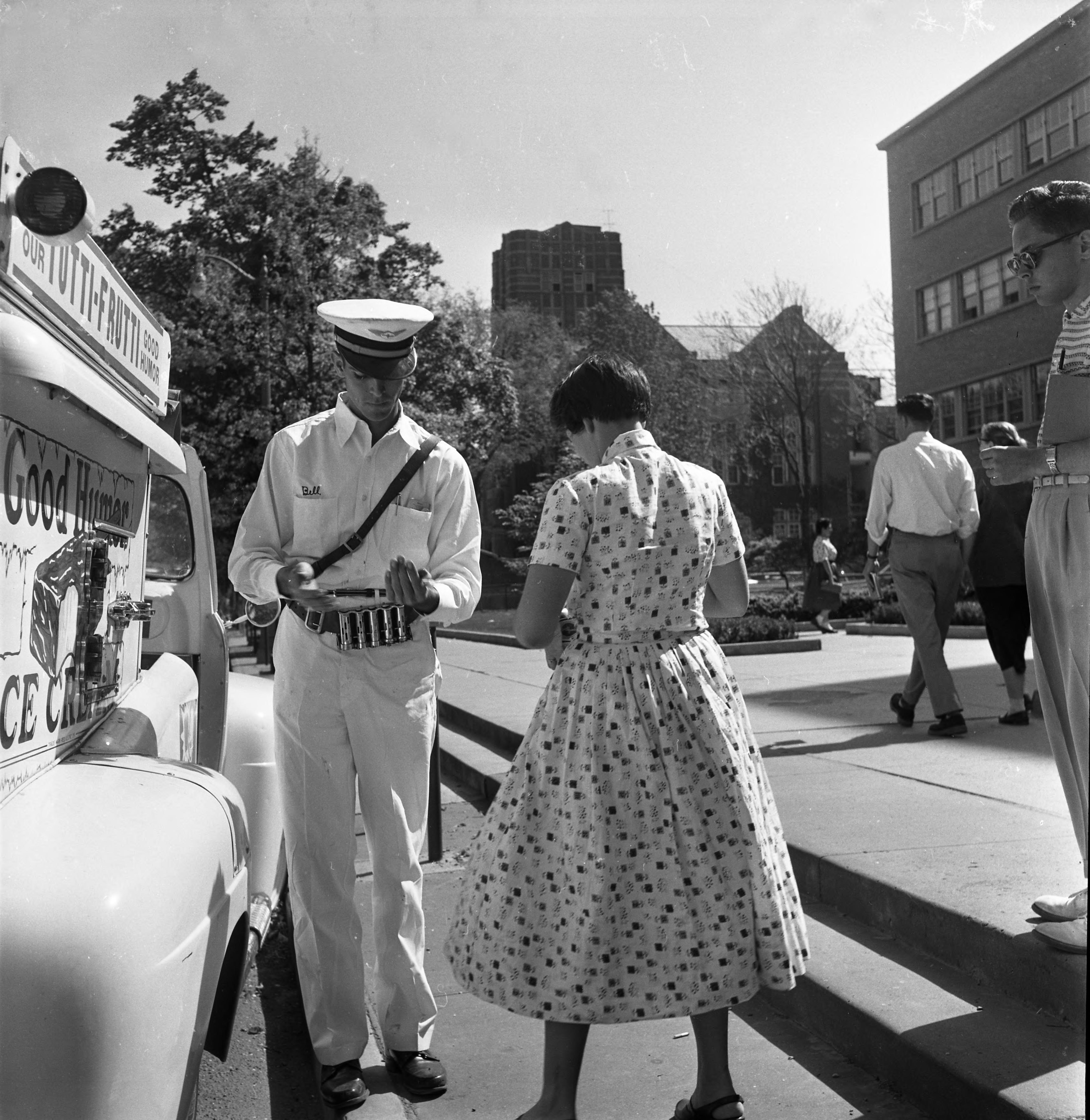 An ice cream vendor on campus in summer 1955