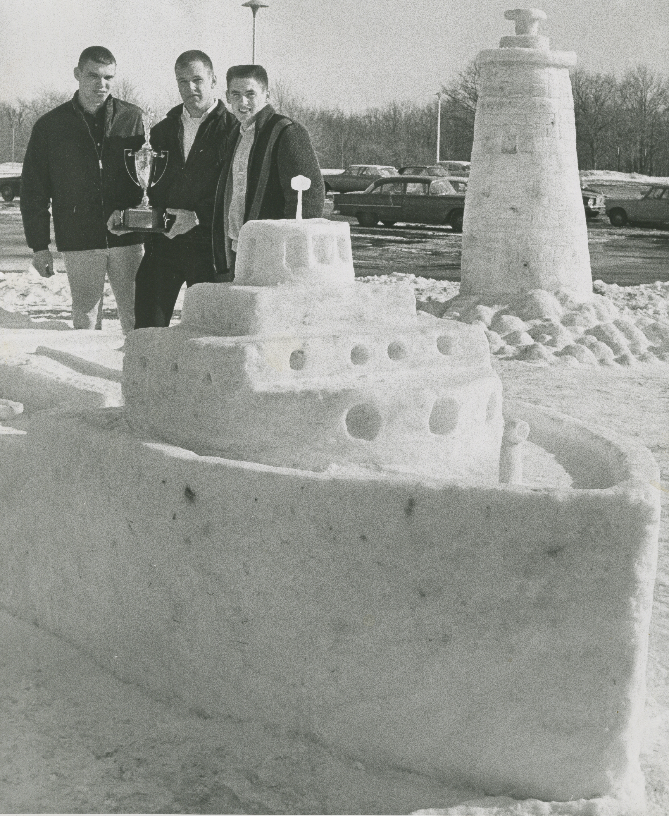 Students in snow sculpture competition at the Winter Carnival