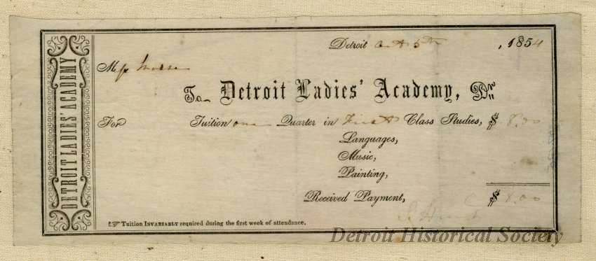 Tuition receipt for the Detroit Ladies' Academy