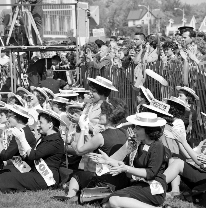 Crowd watching speech by Pres. John Kennedy in Flint